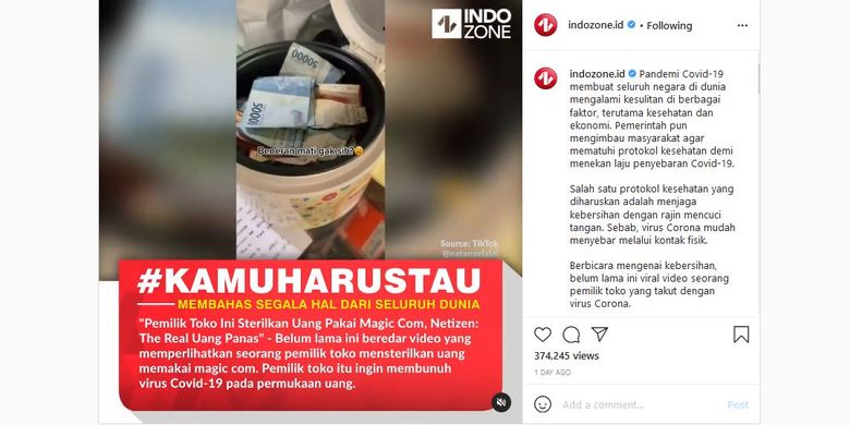 Tangkapan layar unggahan Instagram soal memanaskan uang di penanak nasi selama 40 mennit dapat bunuh virus corona