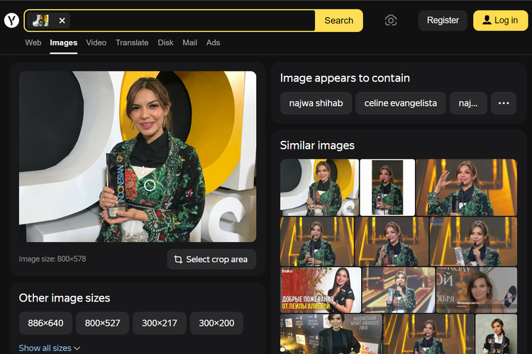 Tangkapan layar pencarian gambar di Yandex, menampilkan foto Najwa Shihab ketika dia terlipih sebagai Public Figure Terpoputer di ajang Indnesia Television Awards 2022. 