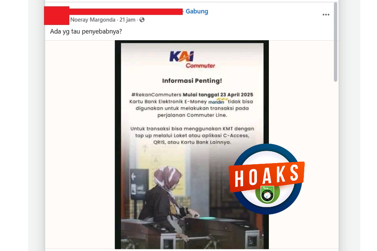 Tangkapan layar Facebook narasi yang menyebut e-money Mandiri tidak bisa digunakan untuk transaksi pembayaran tiket KRL
