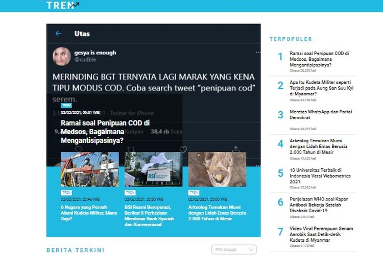 Berita populer di Laman Tren dari Selasa (2/2/2021) hingga Rabu (3/2/2021) pagi.