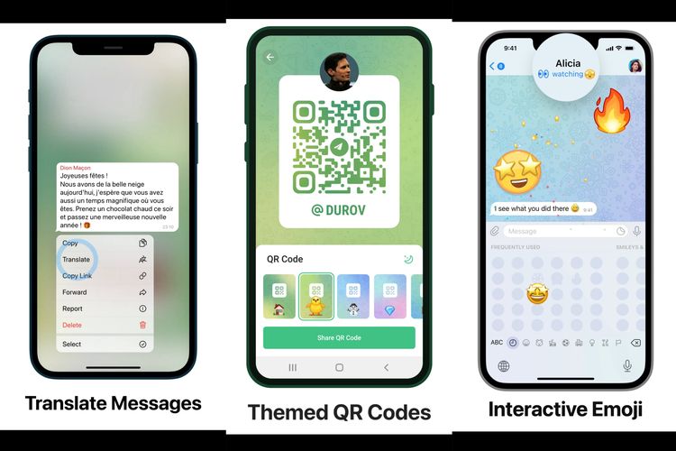 Ilustrasi fitur Translate Messages, Themed QR Codes, dan Interactive Emoji.