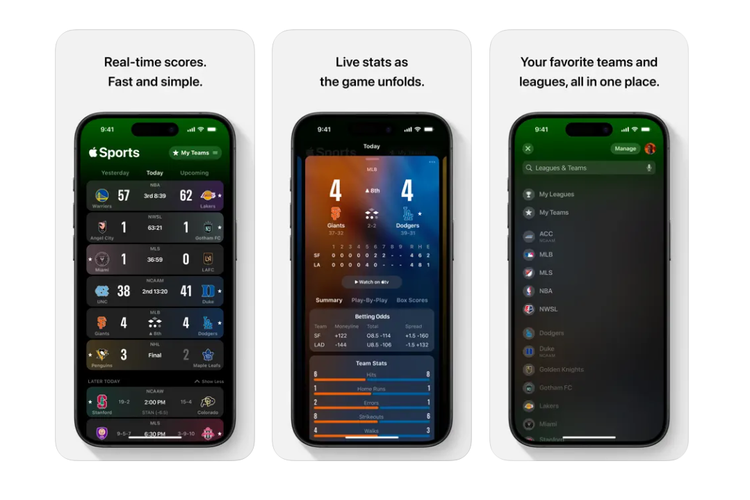 Apple meluncurkan aplikasi baru gratis untuk penggemar olahraga, bernama Apple Sports. Aplikasi ini didesain untuk memberikan berbagai informasi tim di berbagai liga olahraga seperti sepak bola, bola basket, bisbol, hingga hoki ke pengguna iPhone dengan cepat. Isi informasinya mulai dari skor pertandingan, jadwal pertanding, statistik tim, sampai susunan pemain dengan detail.