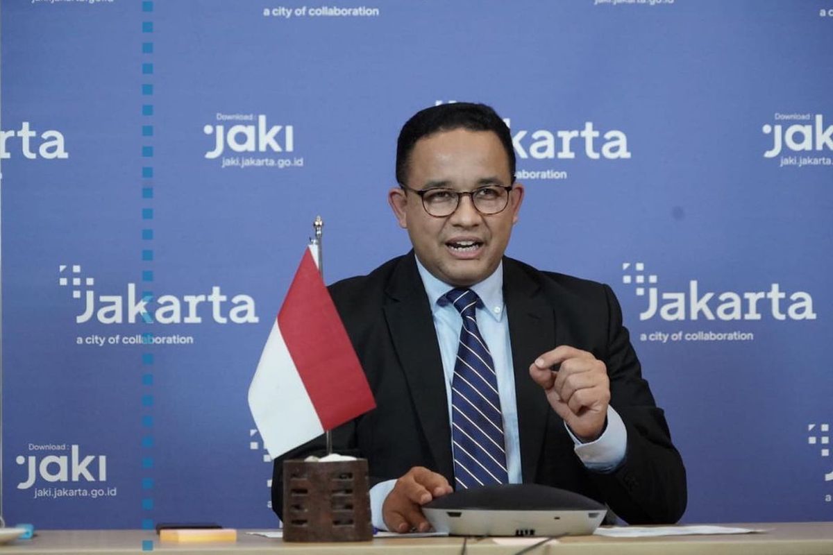 Gubernur DKI Jakarta Anies Baswedan dalam forum Dialogue Between C40 Mayors and UN Secretary General-Advancing Carbon Neutrality and Resilent Recovery for Cities and Nations Jumat (16/4/2021).