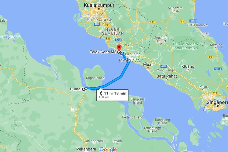 Jarak dari Dumai ke Telok Gong di Melaka, Malaysia. Indonesia dan Malaysia akan dihubungkan jembatan sepanjang 120 km dari dua kota tersebut.