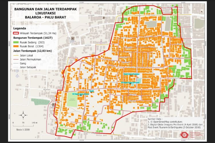 Peta dampak likuefaksi di Balaroa, Kota Palu, Sulawesi Tengah.