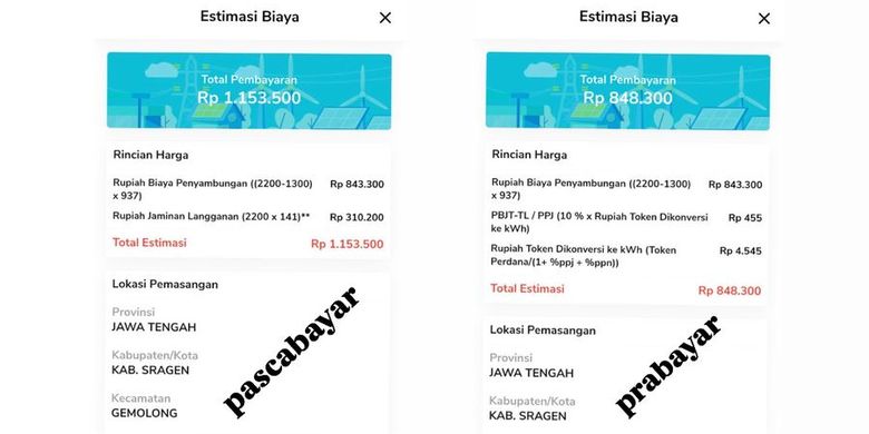 Cara cek estimasi biaya tambah daya listrik via PLN Mobile. Tangkapan layar estimasi biaya tambah daya PLN. Biaya tambah daya listrik PLN 2025.