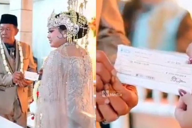 Tangkapan layar unggahan di kanal YouTube AV Media pada Kamis (9/10/2025). Kakek Tarman (74) dan Sheila Arika (24) menikah di Pacitan, Jawa Timur, dengan mahar cek Rp 3 miliar. 