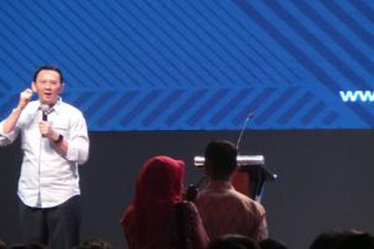 Gubernur DKI Jakarta Basuki Tjahaja Purnama saat menjadi panelis juri dalam Kompetisi Bisnis Sosial (Creativity with Purpose) Ideafest 2015, di JCC, Sabtu (8/8/2015). 