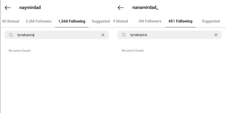 Akun Instagram Naysilla Mirdad dan Nana Mirdad tidak mengikuti Tyna Kanna Mirdad.