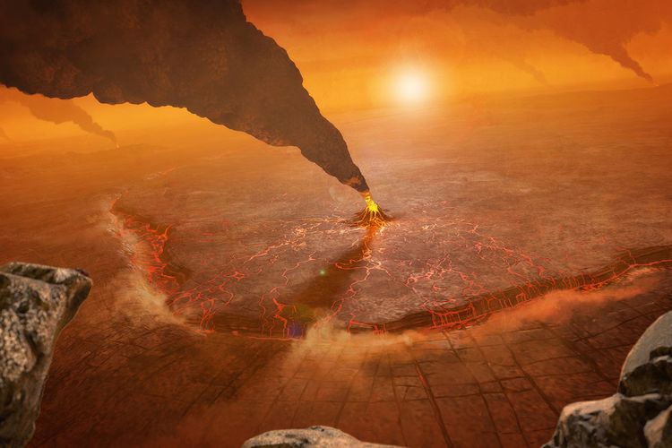 Konsep gunung berapi aktif di planet Venus yang digambarkan seorang seniman. Menggambarkan zona subduksi di mana kerak latar depan terjun ke interior planet di parit topografi. Penelitian baru mengungkap planet ini memiliki banyak struktur vulkanik aktif.