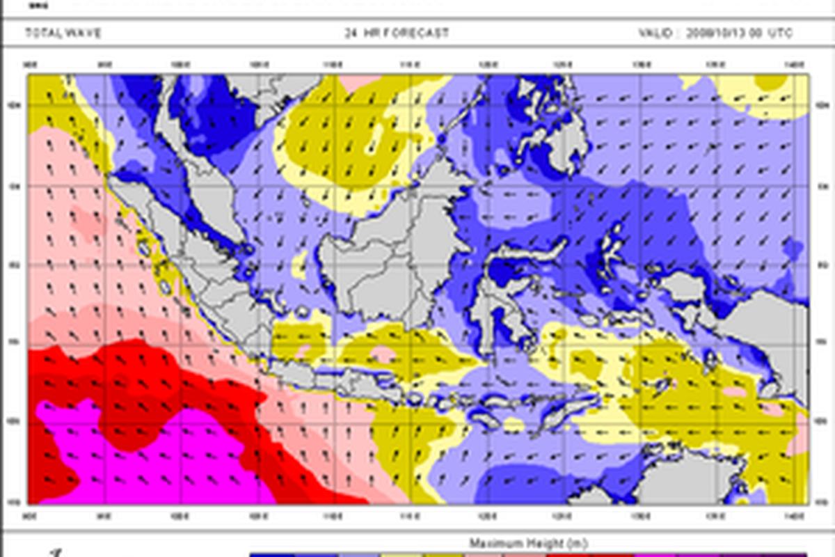 Prakiraan Gelombang Laut Maksimum di  Wilayah Indonesia 13 OKTOBER  2008 