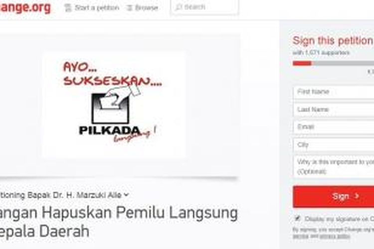 Screenshot Petisi Jangan Hapuskan Pemilu Langsung Kepala Daerah 