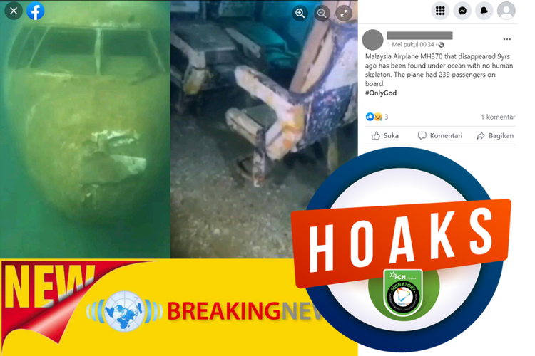Tangkapan layar unggahan dengan narasi hoaks di sebuah akun Facebook, (1/5/2023), soal foto bangkai pesawat yang diklaim sebagai pesawat Malaysia Airlines MH370.