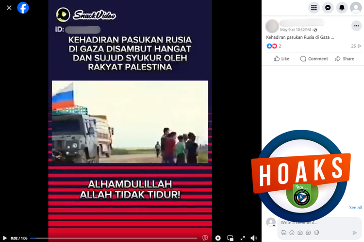 Tangkapan layar konten hoaks di sebuah akun Facebook, Kamis (9/5/2024), mengenai kehadiran pasukan Rusia di Gaza.