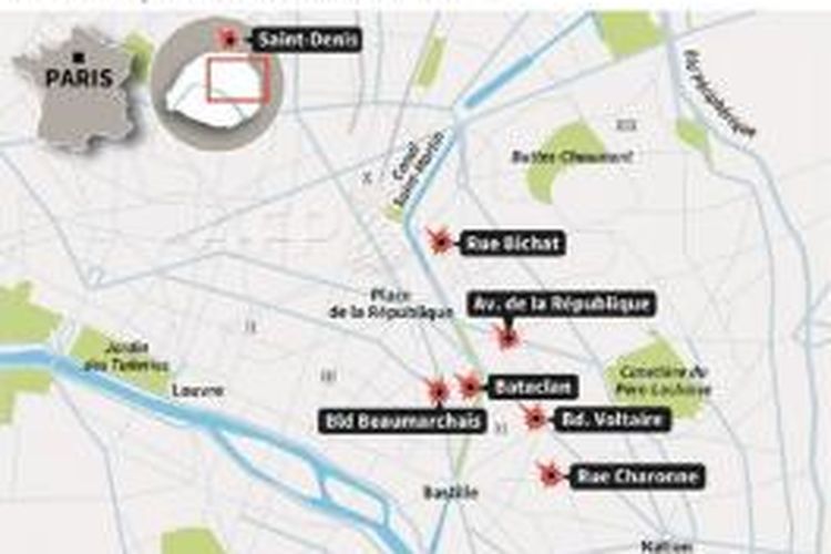 Peta yang menunjukan 7 serangan serentak teroris di Paris, Prancis, Jumat (14/11)
