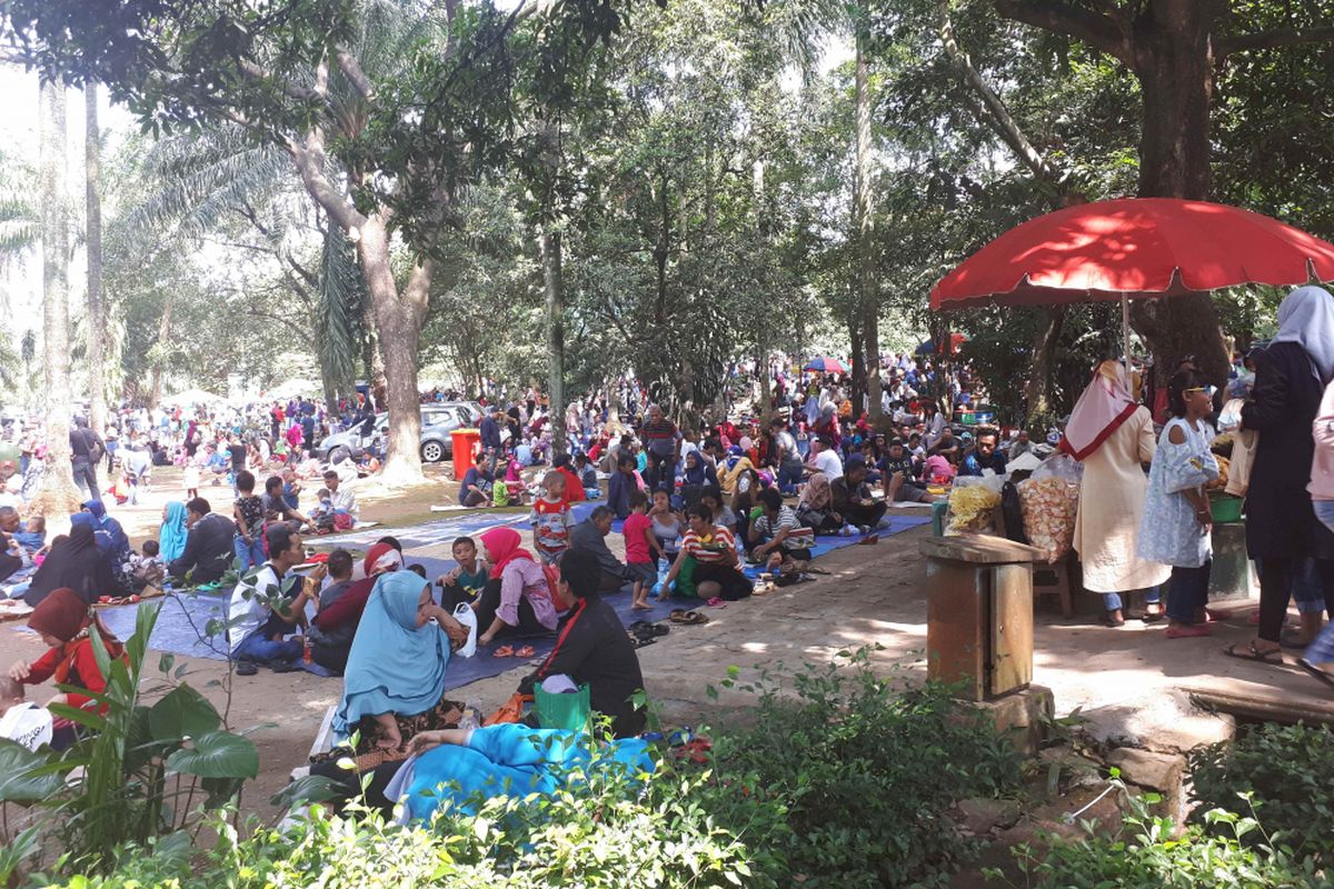 Pengunjung memadati Taman Margasatwa Ragunan, Jakarta Selatan, Senin (18/6/2018)