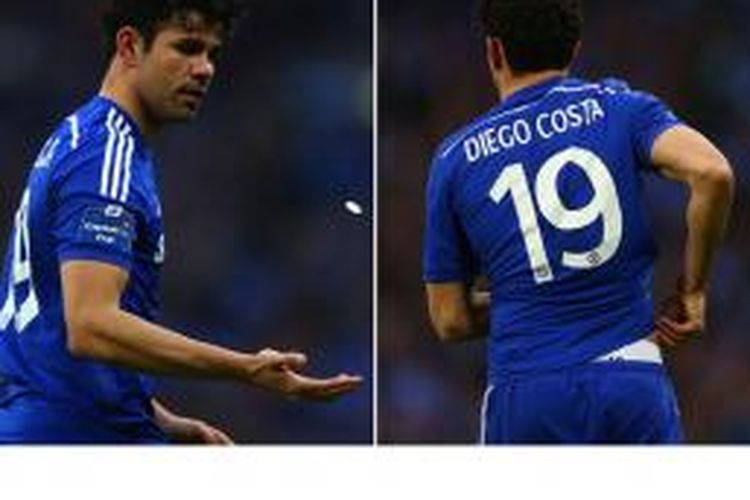 Momen di mana striker Chelsea, Diego Costa, mengantongi koin 2 poundsterling yang dilempar suporter Tottenham Hotspur ketika Chelsea menang 2-0 di final Capital One Cup di Wembley, Minggu (1/3/2015).