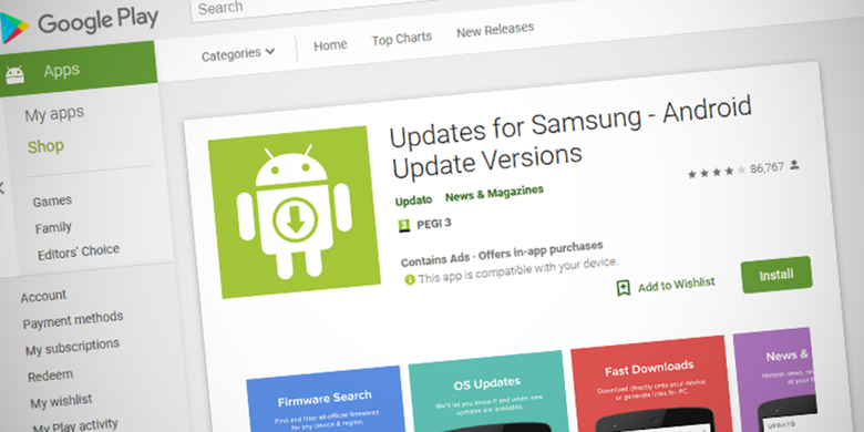 Tampilan aplikasi palsu Updates for Samsung di toko Play Store sebelum dihapus oleh Google. 