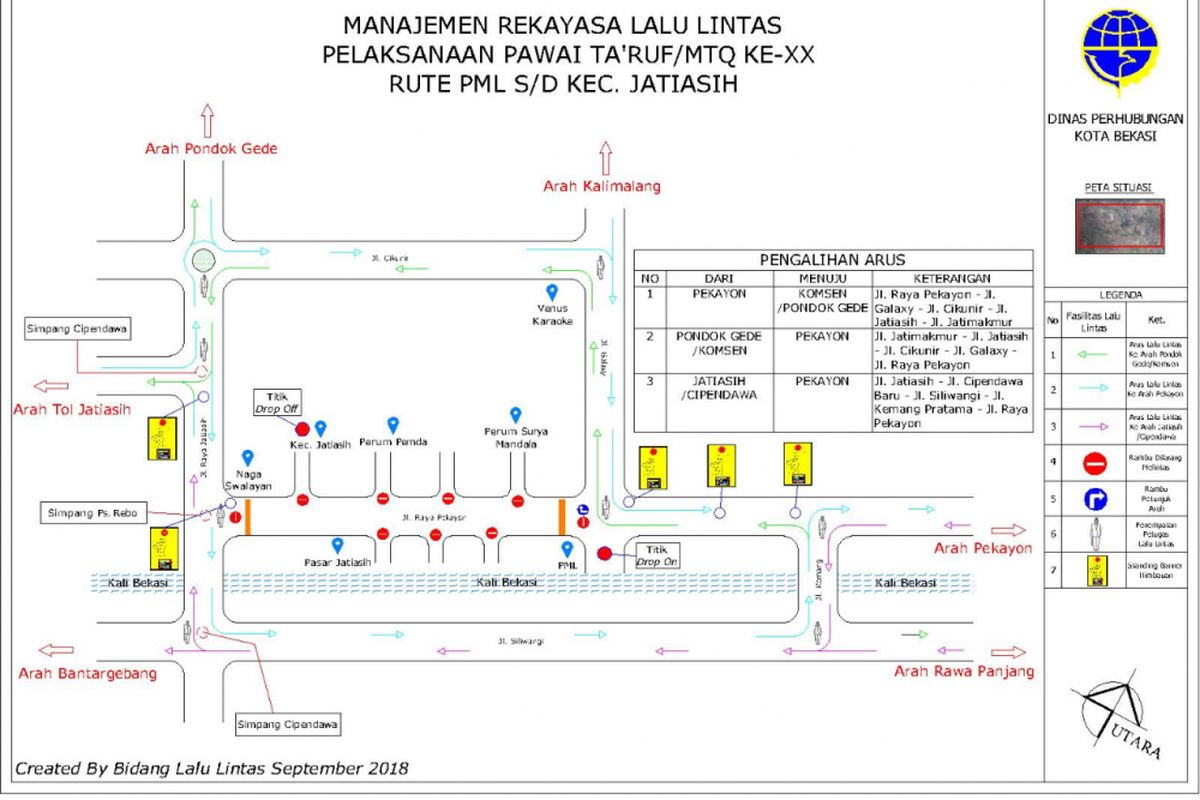 Peta pengalihan arus lalu lintas selama pawai Taruf dalam rangka Musabaqah MTQ ke XX di Jalan Raya Pekayon berlangsung, Kota Bekasi, Selasa (25/9/2018).