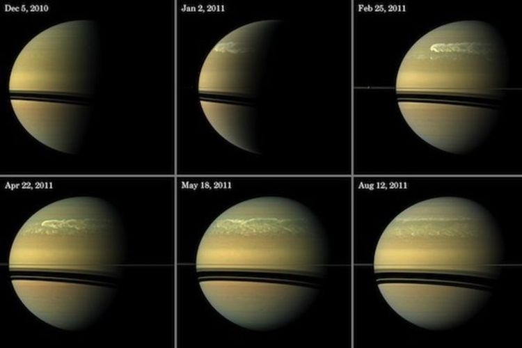 Gambar-gambar yang menunjukkan evolusi badai dahsyat (megastorm) di atmosfer Saturnus.