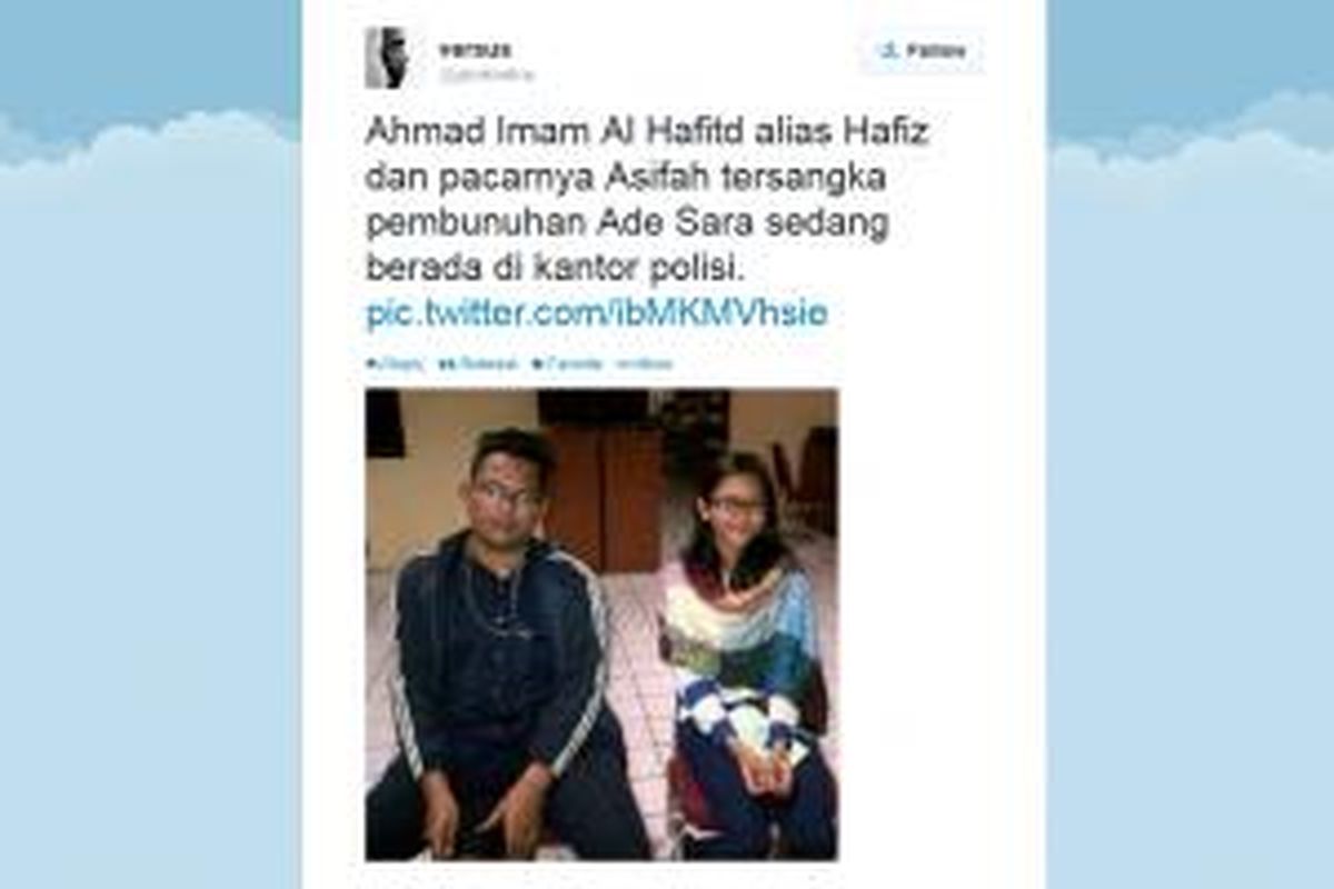 Foto Ahmad Imam Al Hafitd (19) dan Assyifa Ramadhani (19), pelaku pembunuhan Ade Sara Angelina Suroto (19), beredar di twitter. Disebutkan, foto ini diambil saat keduanya di Polres Bekasi. Tak ada konfirmasi soal lokasi pengambilan foto tersebut.