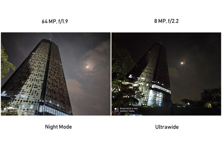 Hasil kamera ultrawide 8 MP Redmi Note 8 Pro dalam kondisi malam. Gambar di sebelah kiri merupakan kamera utama 64 MP dengan Night Mode. Kemudian, gambar di sebelah kanan merupakan hasil foto kamera ultrawide 8 MP tanpa menggunakan mode malam. Bisa dilihat, detail foto sebelah kanan tampak tak sejelas foto sebelah kiri. Namun, objek yang didapat oleh foto sebelah kanan lebih banyak ketimbang gambar di sebelah kiri.