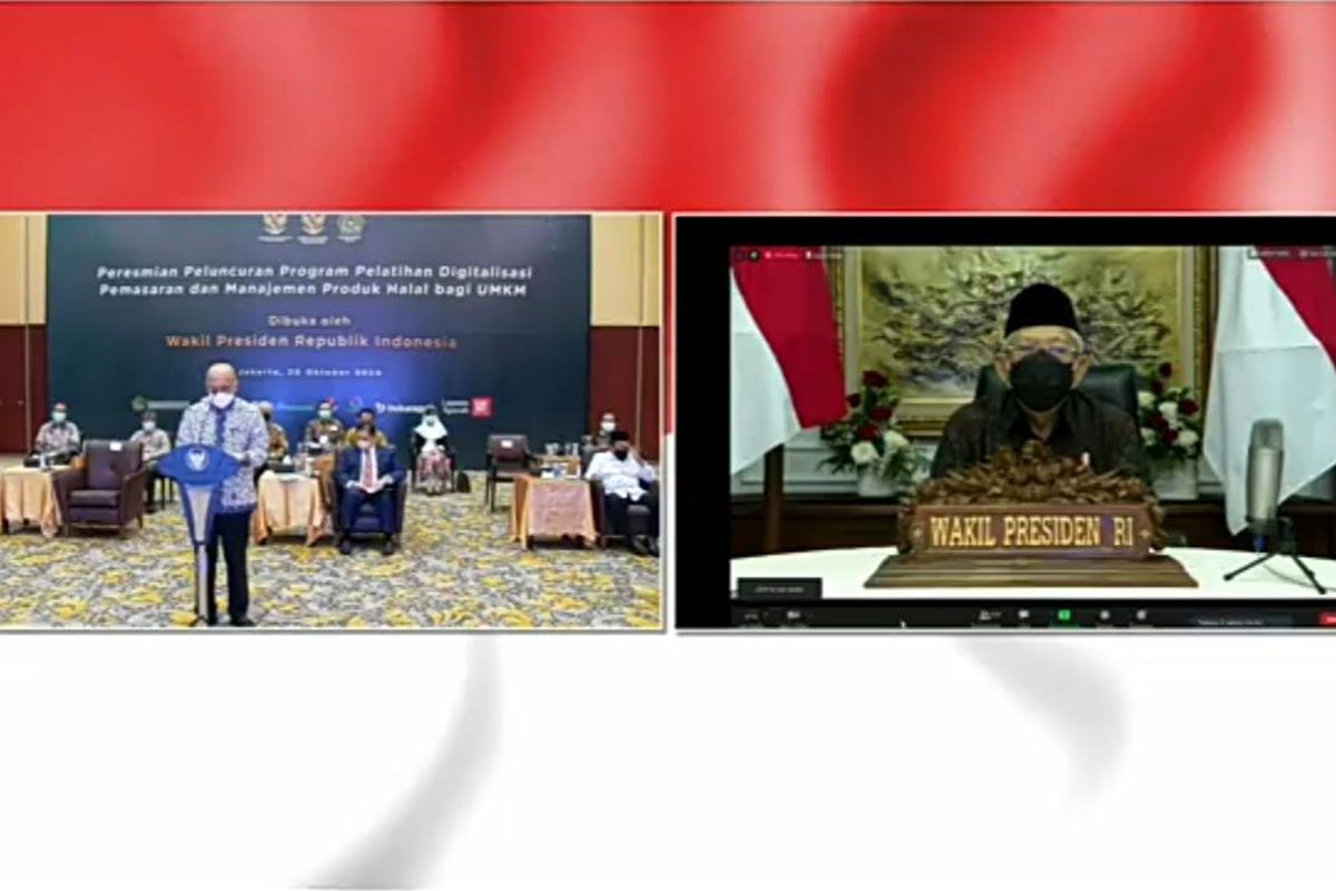 Wakil Presiden Maruf Amin dalam Peluncuran program pelatihan digitalisasi pemasaran dan manajemen produk halal bagi UMKM secara virtual, Selasa (20/10/2020). (Tangkapan Layar)