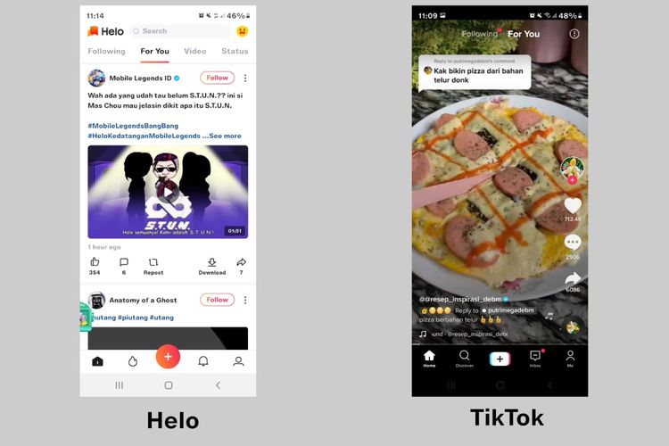 Tampilan tab For You di aplikasi Helo dan TikTok