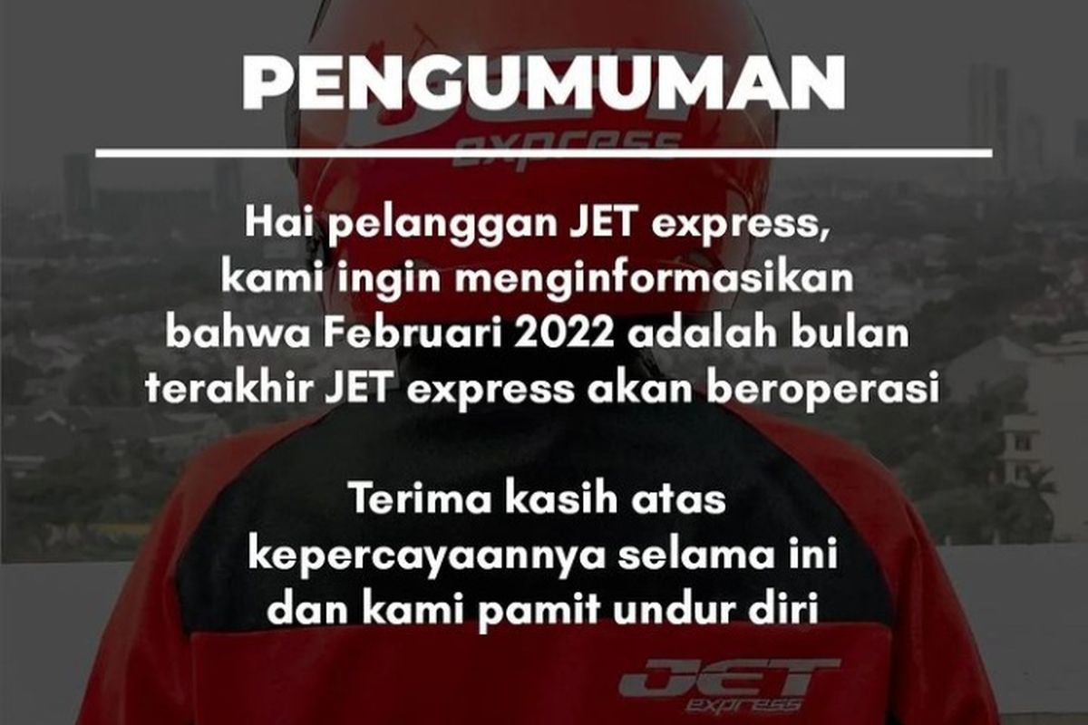 JET Express umumkan setop operasi mulai Februari 2022 (tangkapan layar). 