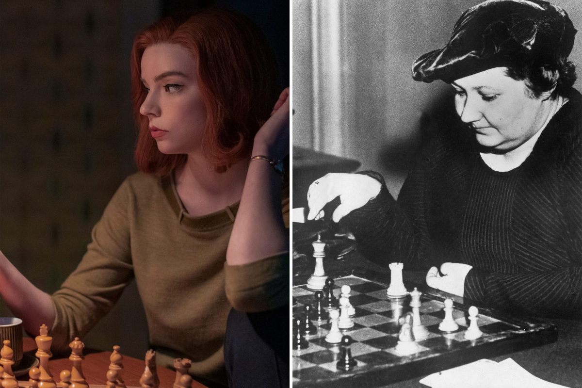 Beth Harmon, karakter pemain catur perempuan dalam serial The Queen Gambits (kiri) dan pecatur Vera Menchik.