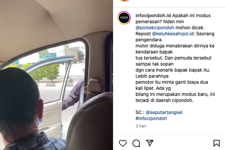 Tangkapan layar unggahan yang menyebutkan seorang pengendara motor diduga menabrakan dirinya ke mobil yang dikemudikan bapak-bapak. Polisi membantah narasi tersebut. Berikut fakta sebenarnya