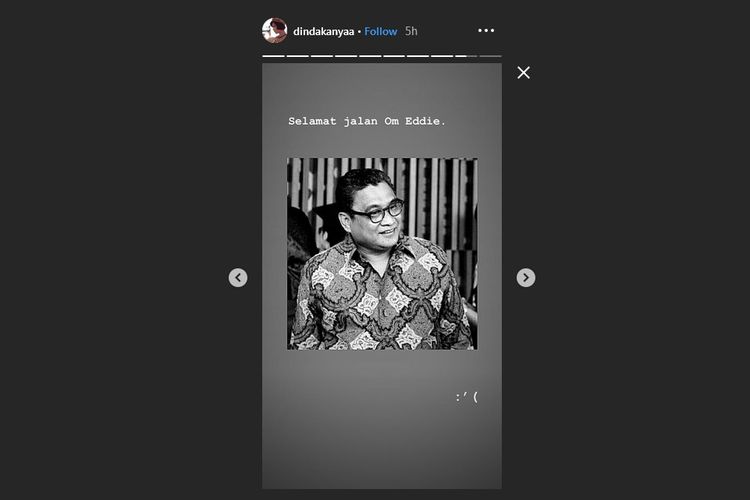 Bidik layar postingan Instagram Story Dinda Kanya Dewi yang mengabarkan bahwa lawan mainnya dalam sinetron Cinta Suci, Eddy Riwanto, meninggal dunia, Senin (29/4/2019).