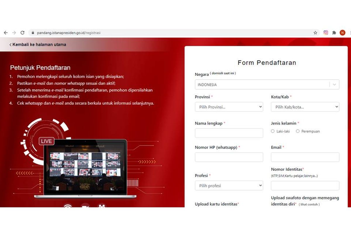 Tangkapan layar form pendaftaran upacara virtual HUT ke-76 RI