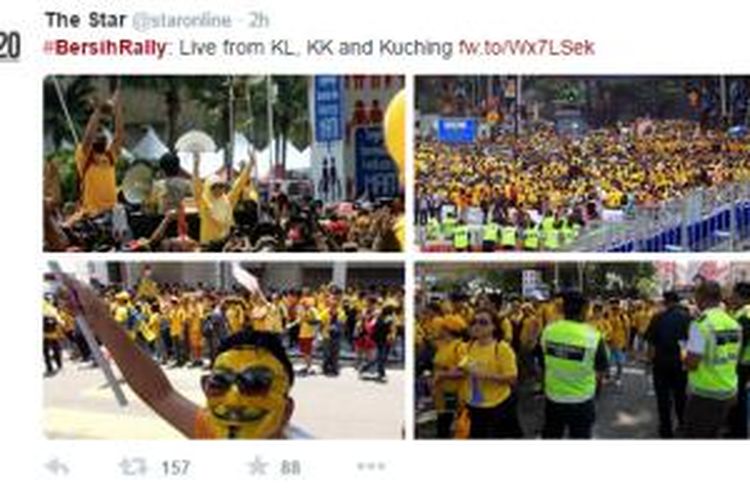 Aksi unjuk rasa yang dilakukan kelompok anti pemerintah Bersih seperti dilaporkan akun twitter media asal Malaysia Star Online, Sabtu (29/8/2015).