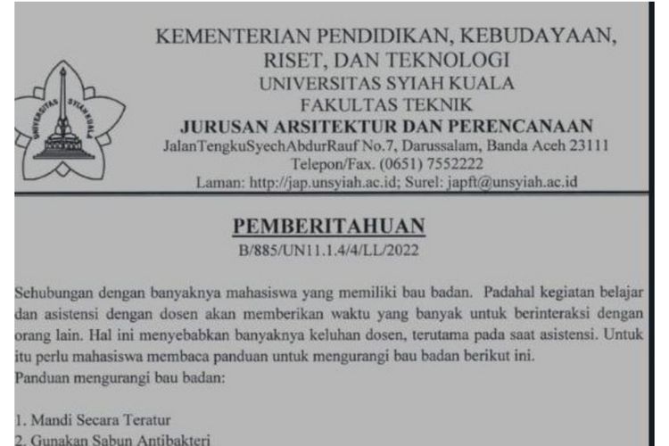 Surat pemberitahuan tentang bau badan mahasiswa Universitas Syiah Kuala. 