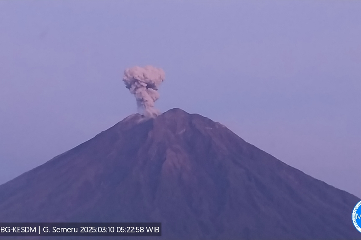 Visual erupsi Gunung Semeru dengan letusan setinggi 1.000 meter, Senin (10/3/2025).
