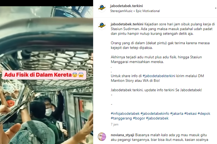 Tangkapan layar unggahan video bernarasi adu fisik di dalam KRL.