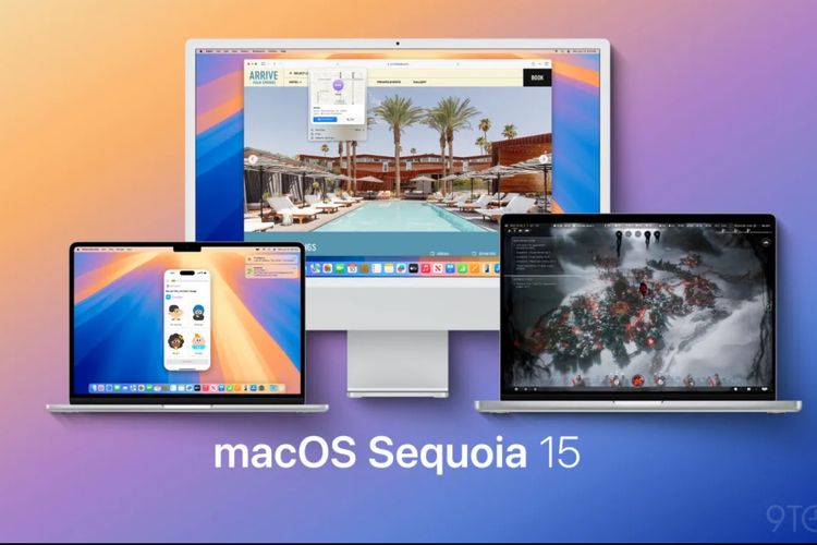 Ilustrasi dan tampilan dari sistem operasi Macs Sequoia untuk perangkat komputer desktop Apple