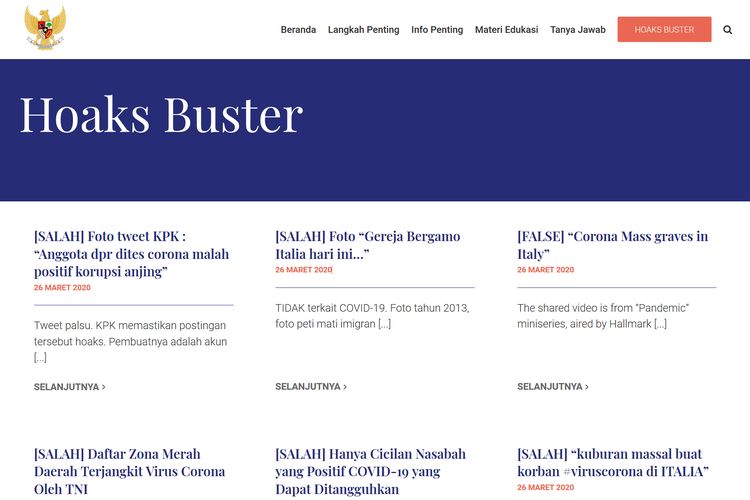 Halaman Hoaks Buster dalam laman web Covid19.go.id