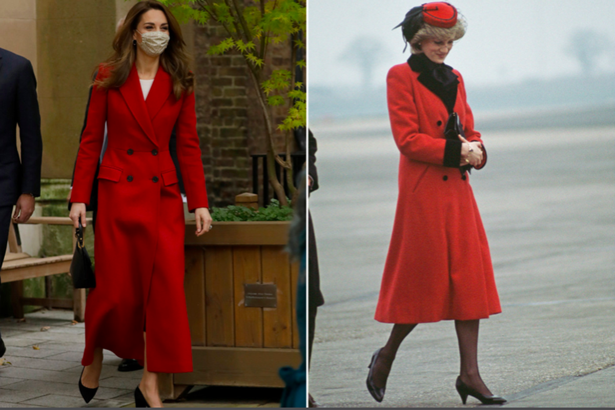 Kate Middleton dengan mantel Alexander McQueen merah dan Putri Diana dengan Catherine Walker pada 1984.