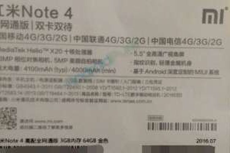 Bocoran foto yang diduga berasal dari kardus pembungkus Xiaomi Redmi Note 4.