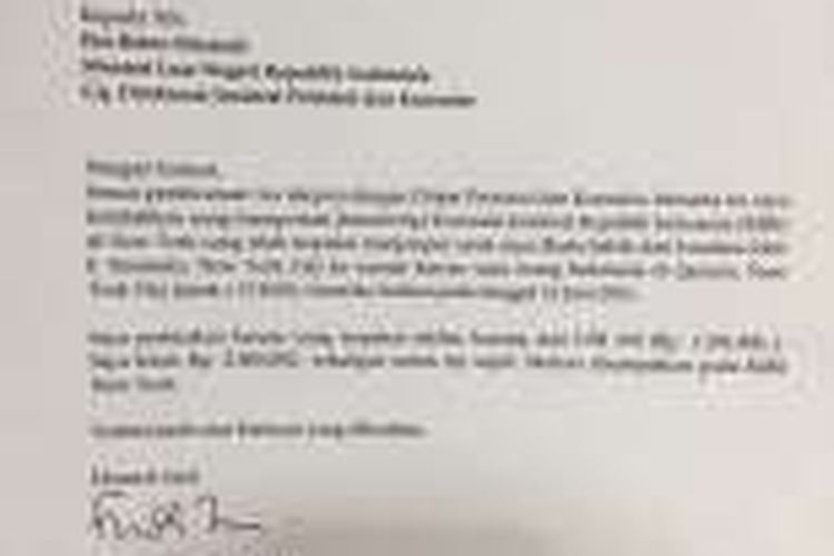 Surat Wakil Ketua DPR Fadli Zon ke Menteri Luar Negeri yang menjelaskan pengembalian fasilitas negara untuk penjemputan putrinya ke Amerika Serikat. Surat ini beredar di kalangan wartawan, Selasa (28/6/2016).  