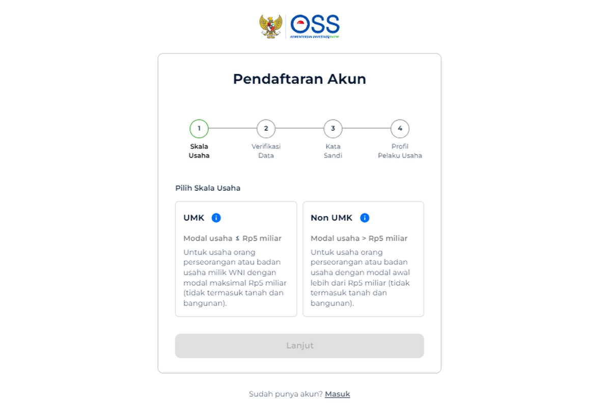 Tangkapan layar laman OSS Kementerian Investasi / BKPM siuntuk daftar NIB. Cara daftar Nomor Induk Berusaha (NIB) UKM. Cara daftar NIB UKM secara online.