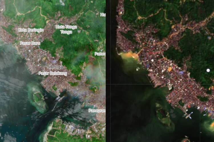 Foto citra satelit Kota Sibolga, Sumatera Utara sebelum banjir bandang (sebelah kiri) dan sesudah musibah (sebelah kanan).