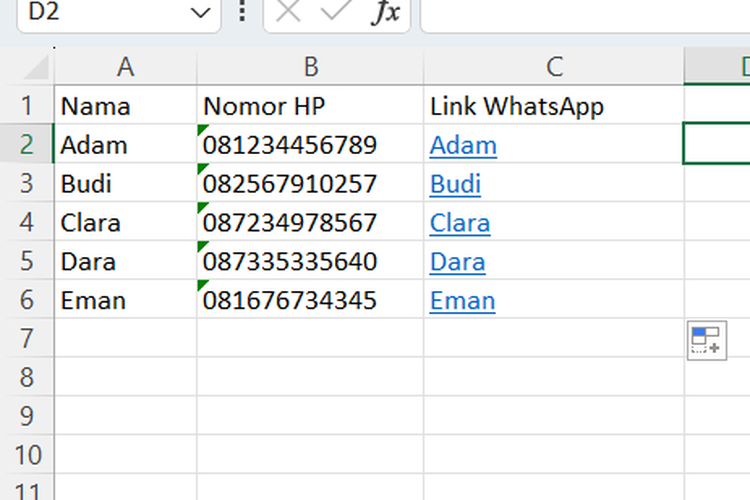 Ilustrasi cara membuat link WA di Excel.