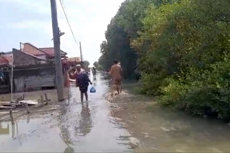 Akses jalan di wilayah Desa Timbulsloko, Kecamatan Sayung, Kabupaten Demak terputus dampak banjir rob, Senin (13/5/2024)