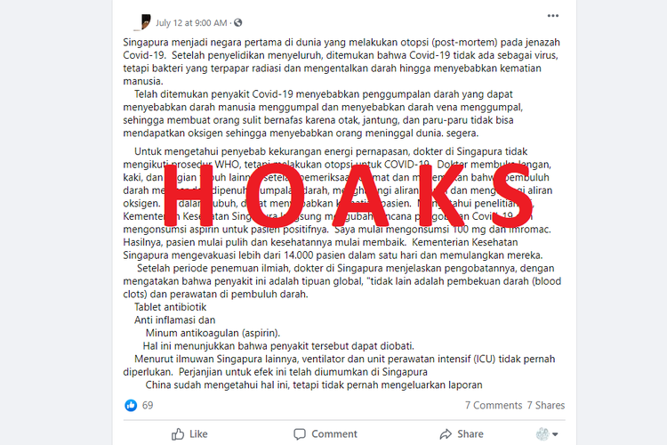 Unggahan yang menyebutkan bahwa Singapura melakukan autopsi terhadap jenazah korban Covid-19 dan menemukan penyebabnya adalah bakteri yang terpapar radiasi. Informasi ini HOAKS.