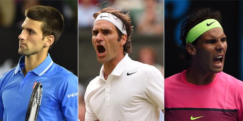 Petenis tiga teratas dunia saat ini (kiri-kanan), Novak Djokovic, Roger Federer, dan Rafael Nadal.