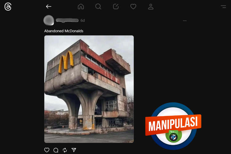 Tangkapan layar konten manipulasi di sebuah akun Threads, Selasa (30/4/2024), memuat foto bangunan restoran siap saji McDonald's terbengkalai.
