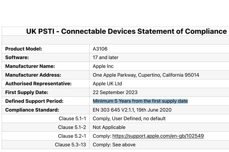 Pernyataan kepatuhan Apple terhadap UU PSTI di Inggirs